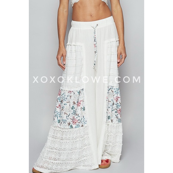 POL Pants - POL White Floral Lace Patchwork Boho Wide Leg Pants | Elastic Waist Pull On